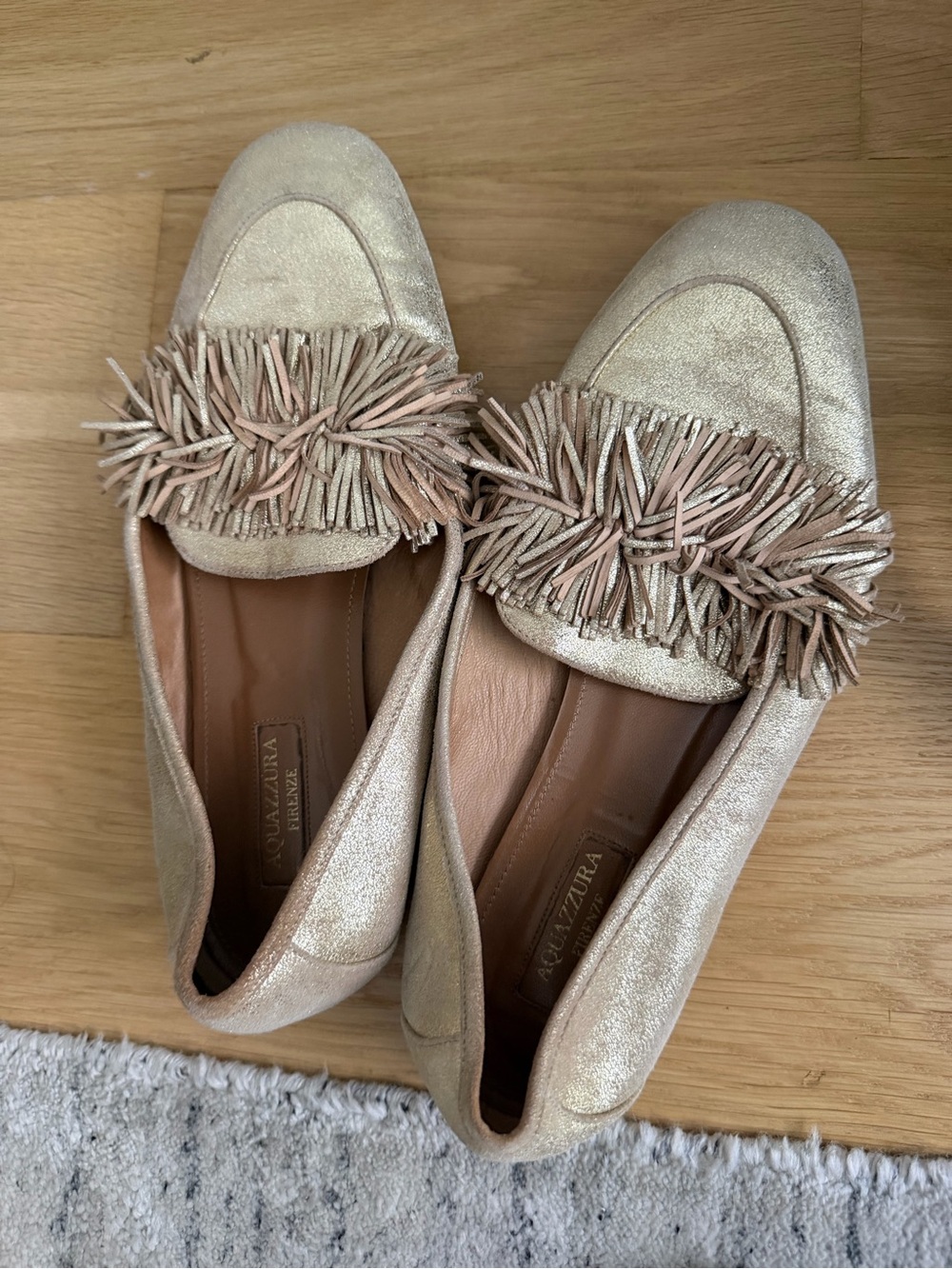 Aquazzura Metallic Champagne Tassel Loafers - Champagne/Blush